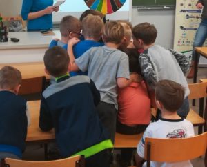 prelekcje dukacyjne w szkole podstawowej - gra w odpadowe Koło Fortuny