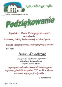 Podziękowania Publicznej Szkoły Podstawowej nr 30 w Opolu