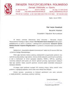 podziękowania Związku Nauczycielstwa Polskiego w Opolu