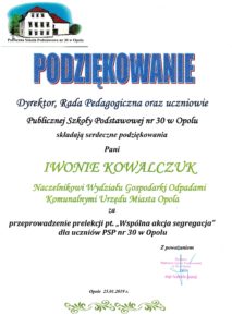 podziękowania Publicznej Szkoły Podstawowej nr 30 w Opolu