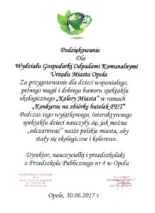 podziękowania Przedszkola Publicznego Nr 4 w Opolu