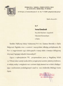 podziękowania Publicznej Szkoly Podstawowej nr 8 w Opolu