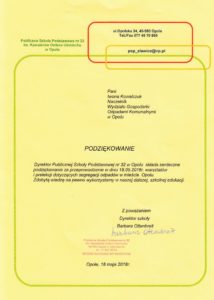 podziękowania Publicznej Szkoły Podstawowej nr 32 w Opolu