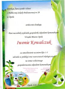 podziękowania Publicznej Szkoły Podstawowej nr 29 w Opolu