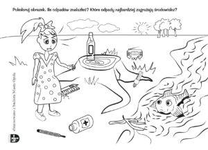kolorowanka, różne odpady, rzeka, dziewczynka