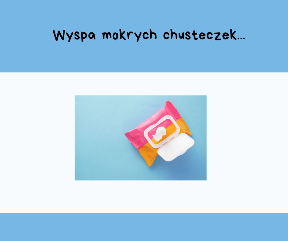NApis "Wyspa mokrych chusteczek". Różowo pomarańczowe opakowanie z mokrymi chusteczkami