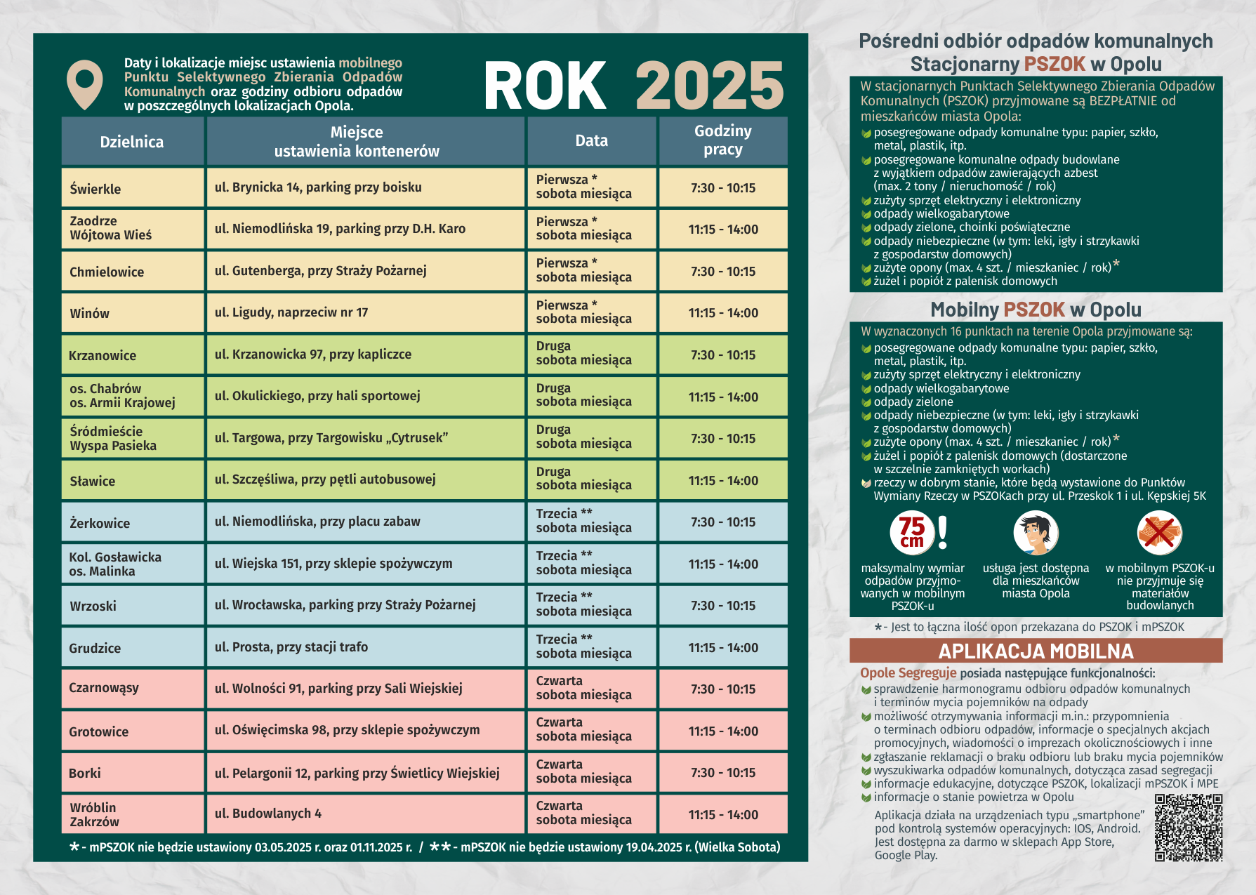 ulotka informująca o lokalizacjach mobilnych punktów selektywnej zbiórki odpadów komunalnych w Opolu na rok 2025