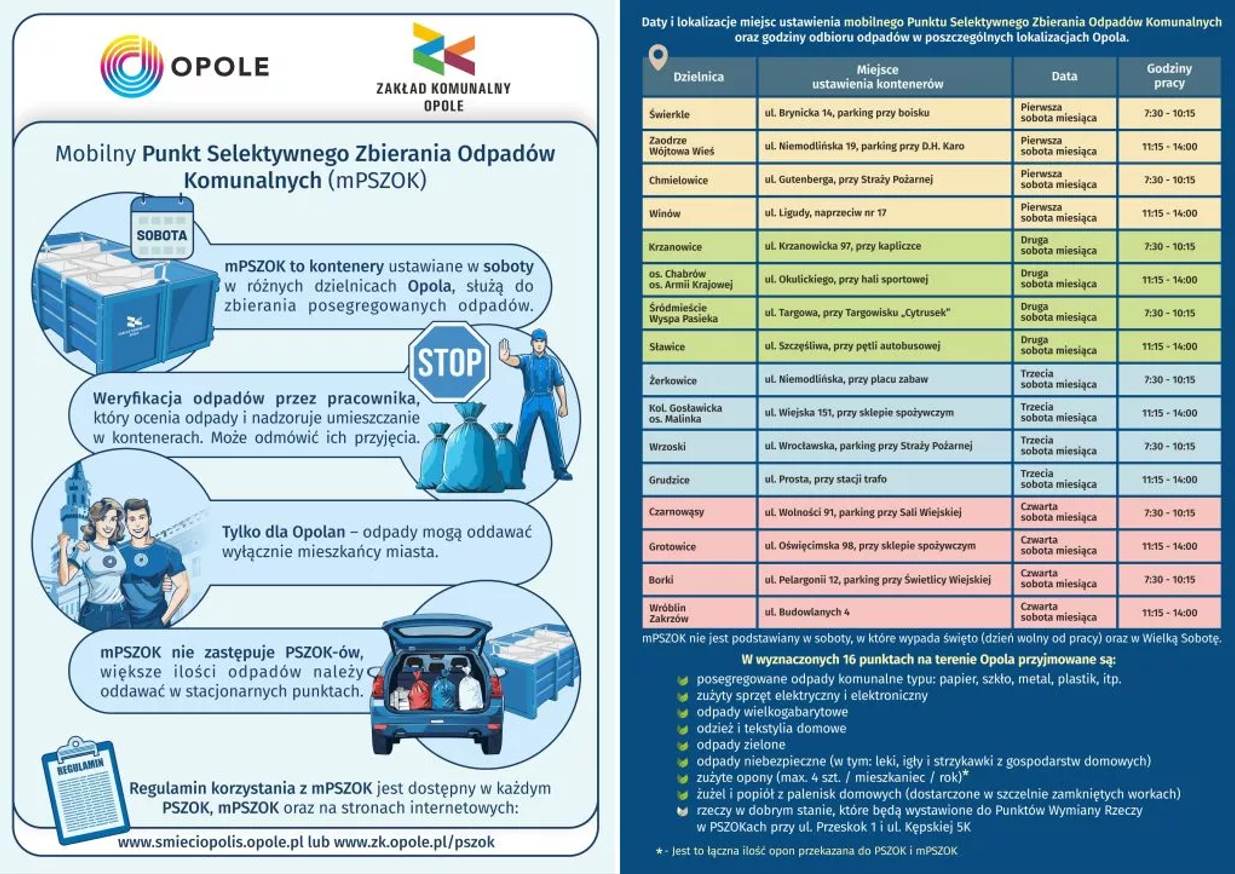ulotka informująca o lokalizacjach mobilnych punktów selektywnej zbiórki odpadów komunalnych w Opolu na rok 2026