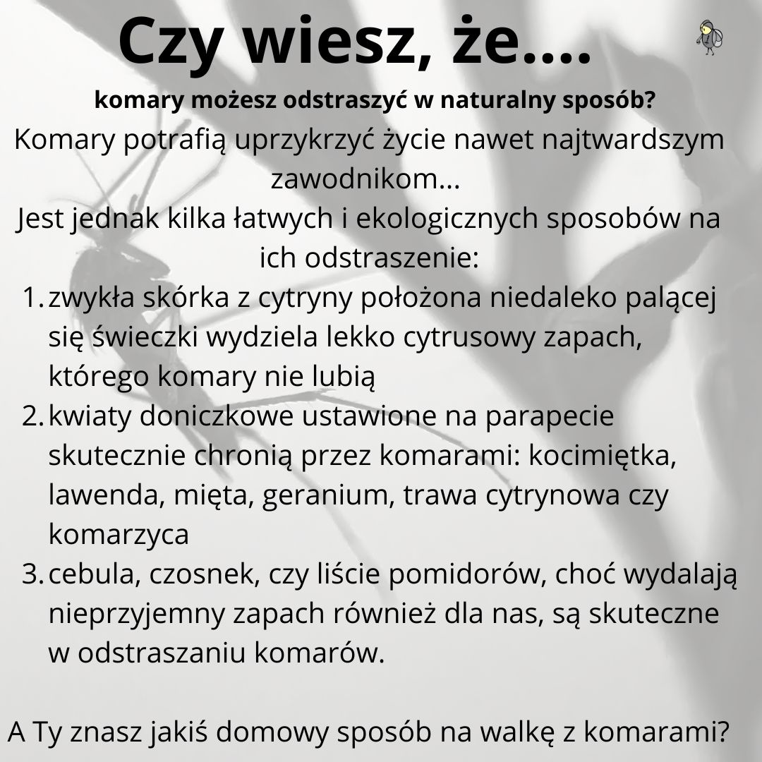 W tle widoczny jest komar siedzący na gałązce. Na obrazku znajduje się tekst poświęcony sposobom na ekologiczne odstraszenie komarów.