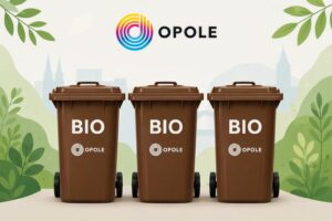 Zdjęcie przedstawia trzy pojemniki brązowe na odpady komunalne z logiem Opola