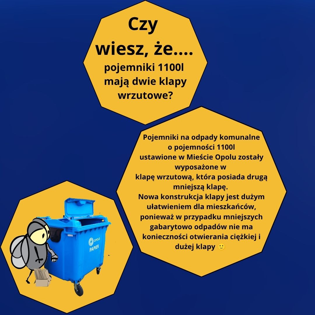 Niebieski pojemnik o pojemności 1100l z logotypem Miasta Opola z dwoma klapami wrzutowymi oraz napisem "PAPIER". Obok pojemnika stoi Mucha Odpaducha z kartonami.